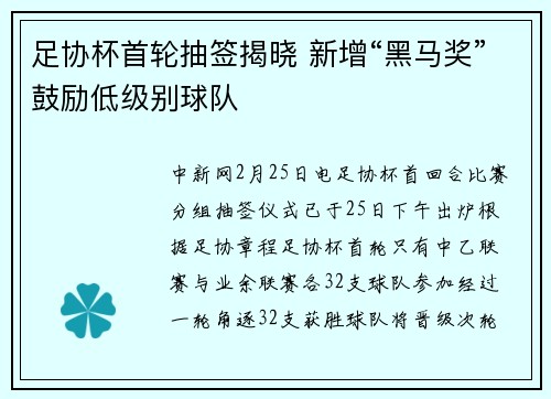 足协杯首轮抽签揭晓 新增“黑马奖”鼓励低级别球队