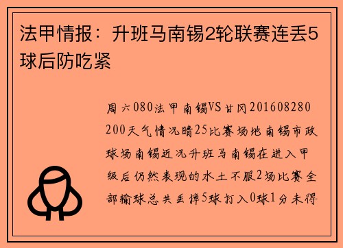 法甲情报：升班马南锡2轮联赛连丢5球后防吃紧